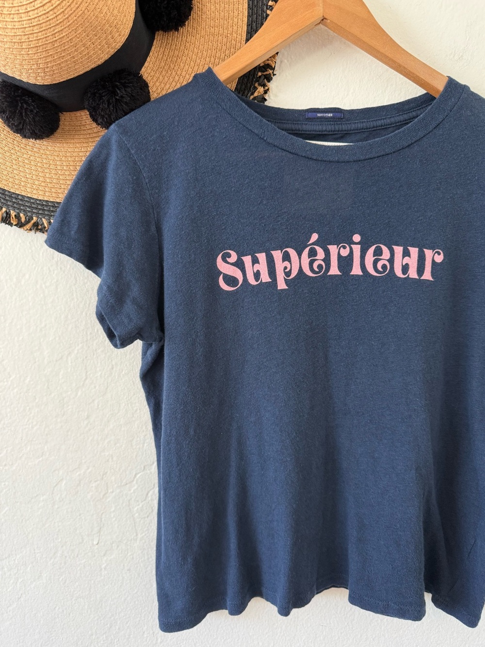MOTHER SUPERIOR Sinful Tee Navy Blue Linen Cotton Short Sleeve Graphic Tee Small - Picture 11 of 16